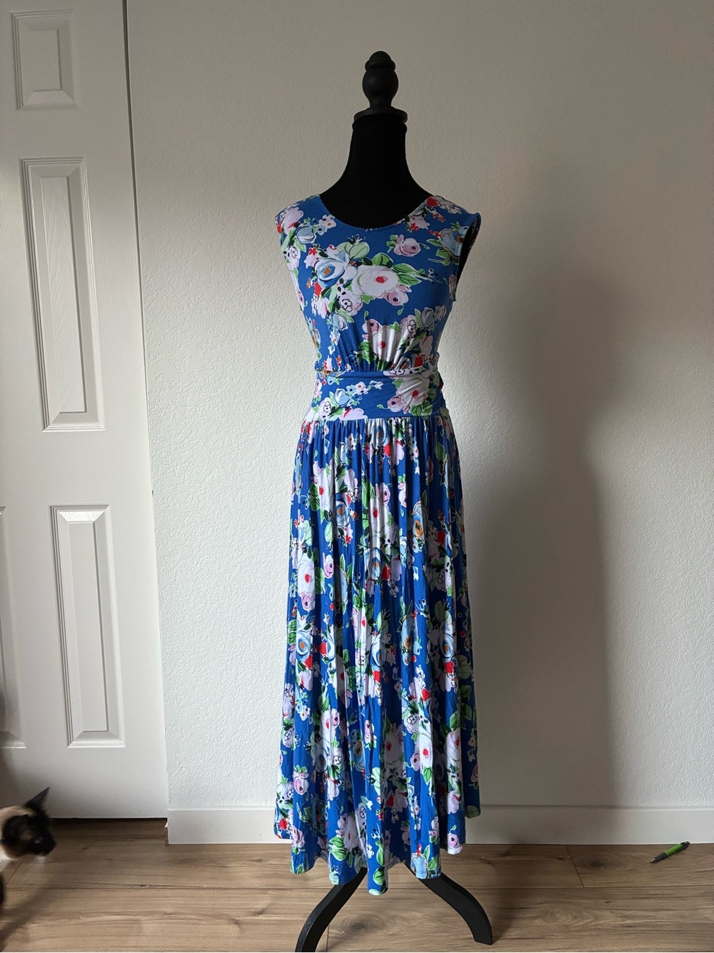 Maeve Anthro Blue Floral Sleeveless Maxi Dress Low Back Fitted Jersey